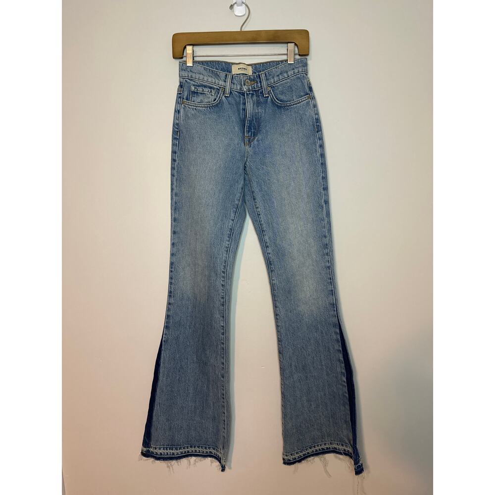 Baldwin‎ Jeans Willow Mid Rise Flare Two Tone Raw Hem Denim Size 24 Blue - Picture 2 of 11